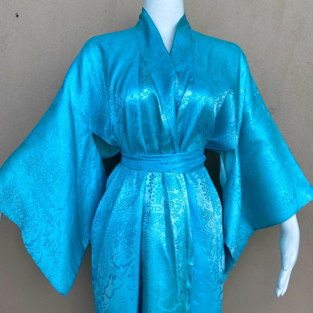 Vtg Brocade Kimono Robe Blue Handmade 60s Boho